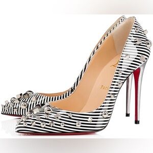 NEW Christian Louboutin Aimanta Leather Pumps Black White Stripe Silver Studded